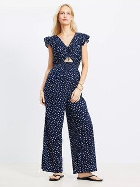 ISO- LOFT Beach Floral Crinkle Cutout Flutter Jumpsuit, Size XL
